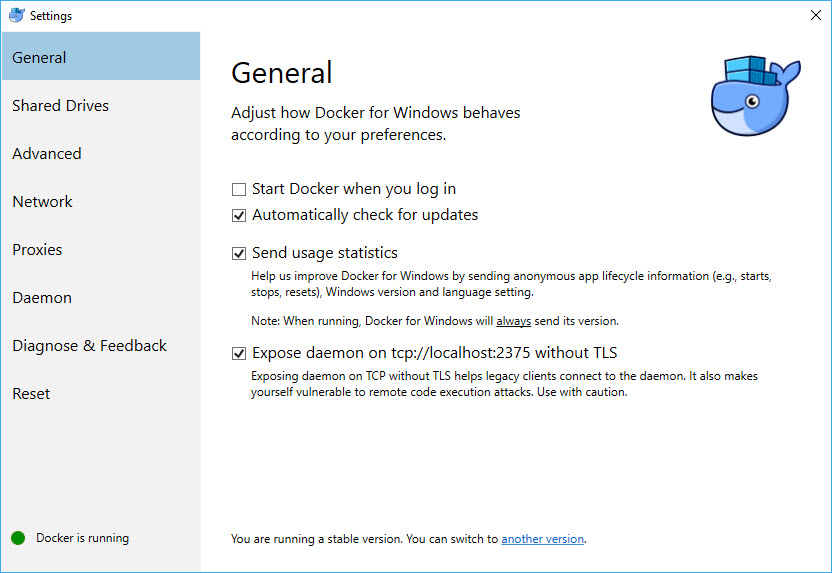 docker windows settings